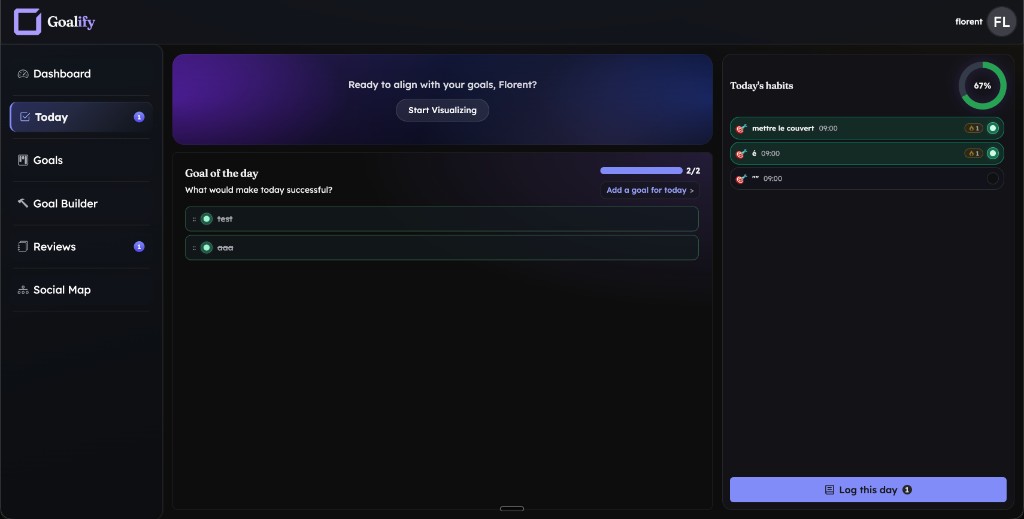 Goalify dashboard showing Today, the active goal, today's habits, DayLog, and weekly review.